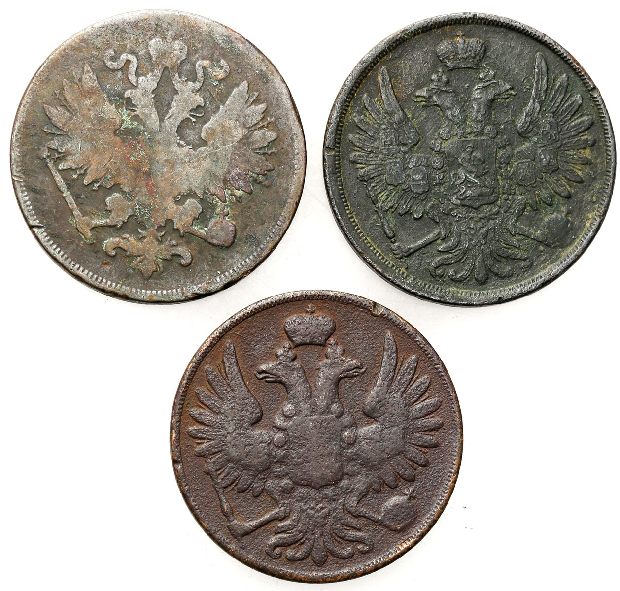 Polska XIX w./Rosja. 2 kopiejki 1852-1861 BM, Warszawa, zestaw 3 monet